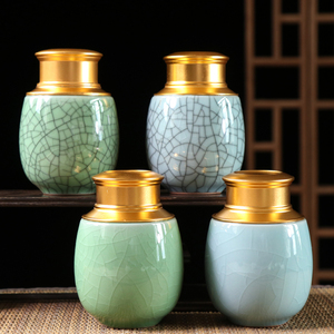 陶瓷铁盖茶叶罐中式复古风哥窑汝窑开片密封罐小号瓷罐节庆礼品