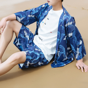 搭配短裤男海边度假男装沙滩旅游浮世绘仙鹤道袍套装帅气衣服0人付款