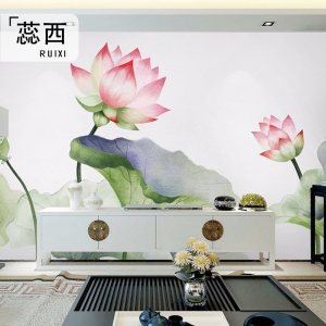 蕊西中式手绘粉色荷花莲花墙纸无纺布壁画客厅书房电视背景墙壁纸