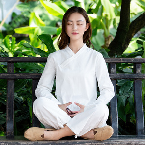 海清居士服女佛系唐装中式复古棉麻茶服禅意打坐修行服两件套定制