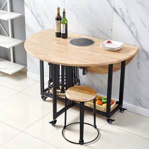 折叠橡木一体电磁炉火锅桌家用可伸缩小户型实木大圆桌旋转圆饭桌