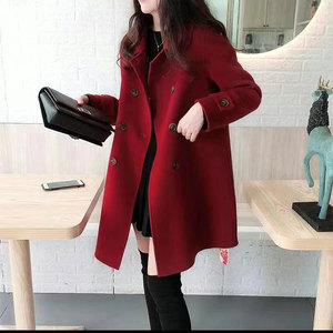 双面羊绒大衣女中长款秋冬季2023年新款时尚减龄酒红色羊毛呢外套