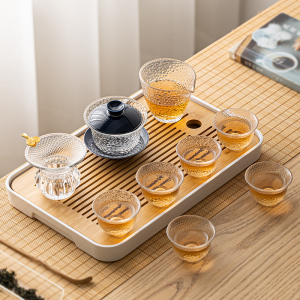 玻璃功夫茶具套装家用盖碗茶几小型日式办公室泡茶器喝茶茶盘茶台