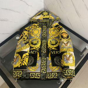 瓦萨琪男装美杜莎花纹羽绒服男士秋冬加厚中长款外套连帽印花上衣