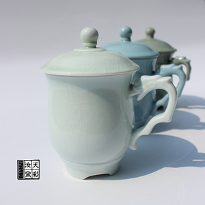 原产地汝窑上合龙头杯陶瓷杯子商用中式陶瓷定制茶杯办公陶瓷带盖