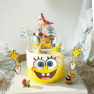 黄色海绵BB玻璃罩生日蛋糕装饰摆件套装派大星章鱼哥儿童烘焙配件