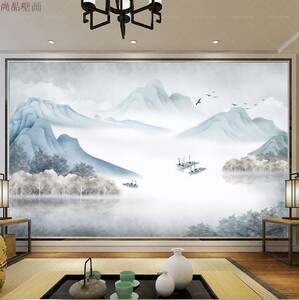 新中式5d水墨山水意境壁画大气客厅沙发电视背景墙壁纸8d墙布墙纸