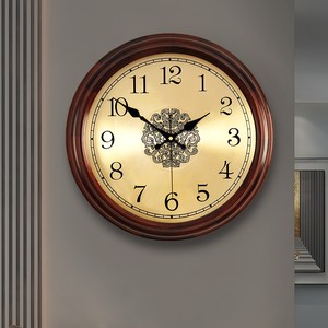中式轻奢挂钟客厅家用时尚简约现代实木圆形时钟表欧式电波壁挂表