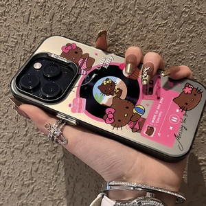 粉色唱片机黑皮比基尼Kitty适用iPhone14ProMax手机壳卡通凯蒂猫苹果13透黑色xr/11黑镜框硅胶软壳