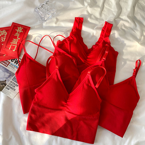 过年本命年大红色吊带背心女性感v领打底抹胸无钢圈聚拢文胸内衣