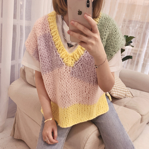 纯手工编织毛衣马甲女马卡龙拼色粗毛线v领套头宽松针织背心坎肩