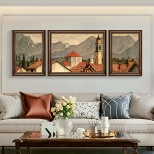 美式客厅装饰画沙发背景墙挂画复古建筑壁画风景油画欧式三联画