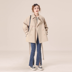 米白色短款风衣外套女2022秋季新款韩版宽松小个子休闲上衣双排扣