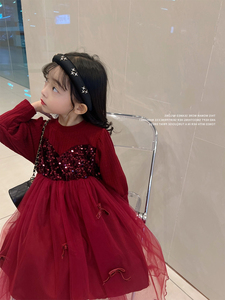 okadi法国女童连衣裙2022春韩版红色蓬蓬裙中小童毛衣拼接公主裙
