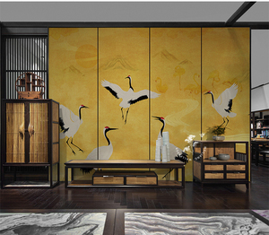 现代新中式仙鹤壁纸金箔墙纸餐厅定制壁画客厅电视背景无纺布墙布