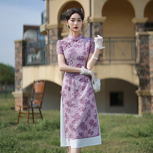 旗袍2024夏季新款女紫色越南奥黛连衣裙改良气质年轻款国风小个子