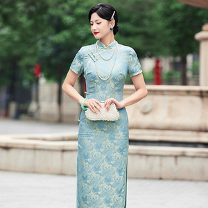 新款夏季旗袍改良版气质复古长款新中式高端苏州素雅印花绸缎日常