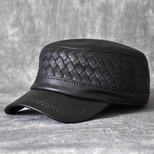 2020单皮平顶帽男编织帽时尚潮款中老年羊皮鸭舌帽秋冬真皮帽子
