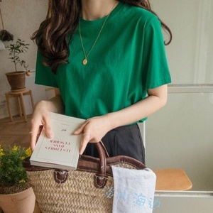 淡水海边韩国正品代购 简单日常清新绿色短袖T恤24春夏女装