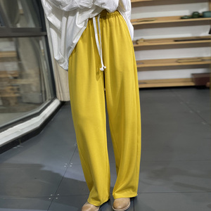 岸外春季新款纯色系带松紧腰休闲百搭宽松显瘦纯棉拖地阔腿裤女