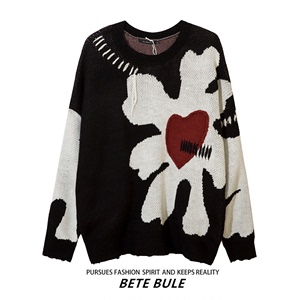 BETE BULE潮牌原创设计感黑白花朵撞色拼接针织衫毛衣男宽松套头
