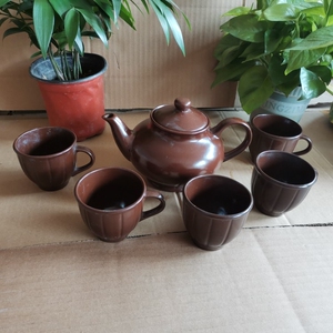库存老式茶具套装八十年代淄博德利瓷器厂紫砂茶壶茶碗家用无添加