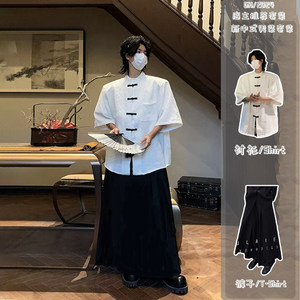 新中式男装高级感短袖衬衫男生潮流穿搭套装马面裙裤黑武士剑道裤