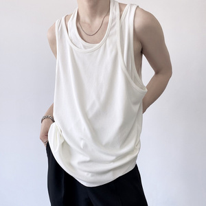 白色假两件低领老头背心ins潮牌大领口无袖t恤男夏季薄款内搭坎肩