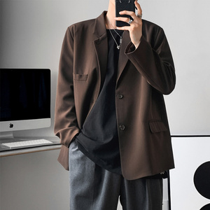 棕咖色西装暴徒复古英伦雅痞风男装ins潮牌痞帅oversize垫肩西服