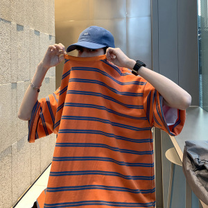 脏橘色条纹t恤男夏季ins潮牌小领口短袖设计感小众oversize七分袖