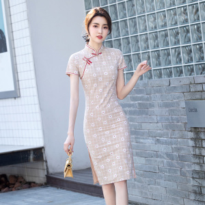 小个子旗袍棉麻格子