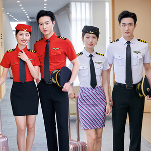 职业装白衬衫男女同款航空姐飞行员空乘制服军鼓乐队大红短袖衬衣