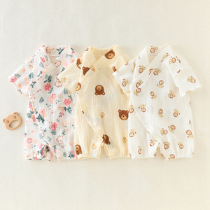 婴儿衣服夏季薄款短袖纱布连体衣纯棉新生儿和尚衣爬服宝宝哈衣