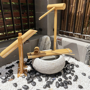 日式水钵景观流水花园户外枯山水石钵庭院小品造景竹子流水惊鹿