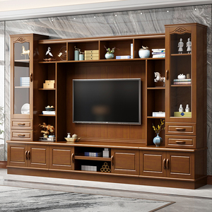 中式实木电视柜组合现代客厅壁挂电视背景墙柜经济型满墙装饰酒柜