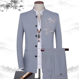 男士西装套装中国风刺绣修身立领中山装男韩版个性潮休闲西服外套