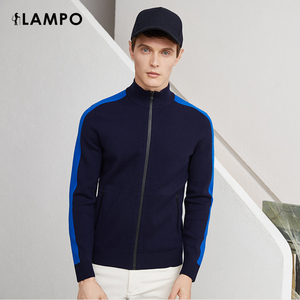 lampo/蓝豹男士长袖针织纯羊毛深蓝拉链开衫蓝色羊毛衫外套男