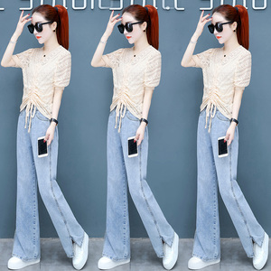 牛仔阔腿裤搭配套装女2020年新款夏装洋气小个子显高蕾丝两件套裤