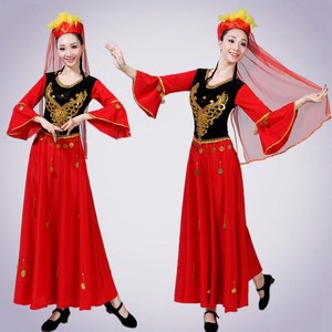新疆舞蹈演出服开场舞连衣裙成人女维族少数民族表演服装大摆长裙