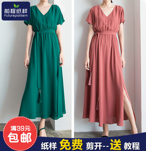 新款女士v领长款连衣裙服装实物纸样夏季女装长裙1 1裁剪图纸