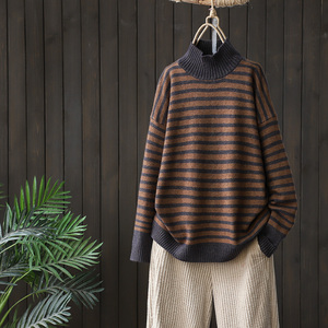 木子原创秋冬新款文艺复古横条纹长袖毛衣女高领连肩袖百搭针织衫