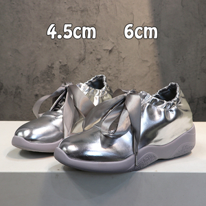 银河芭蕾舞女6公分内增高软底女士蝴蝶结休闲运动鞋银色新款单鞋