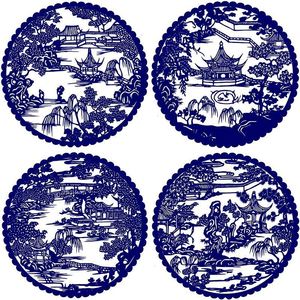 高清建筑风景手工剪纸素材苏州园林西湖刻纸打印底稿梅兰竹菊图样