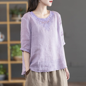 短袖亚麻t恤女士夏季重工刺绣花高端棉麻小衫宽松显瘦苎麻上衣ins