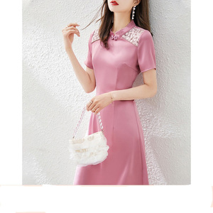 sandro vicari改良旗袍连衣裙女夏季时尚简约醋酸缎面粉红色裙子