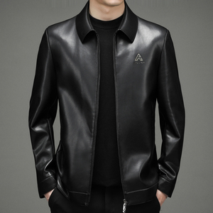 保罗贵族九鹿王皮衣男士秋装短款翻领帅气机车皮夹克纯色外套秋款