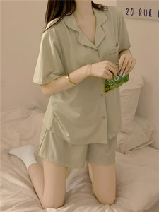 夏日蜜瓜睡衣女款夏季小清新ins浅绿色凉感短袖套装纯色家居服