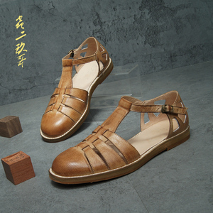 夏季透气手工复古罗马凉鞋男暗黑个性小众包头胎牛皮软底沙滩鞋潮