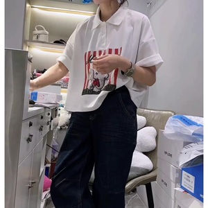 韩版印花白色短袖T恤女夏季2024新款爆款宽松显瘦POLO领子上衣潮