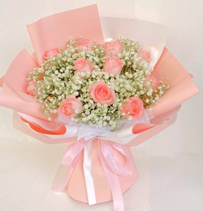 11朵粉玫瑰满天星鲜花花束 送恋人 老婆 朋友 花店